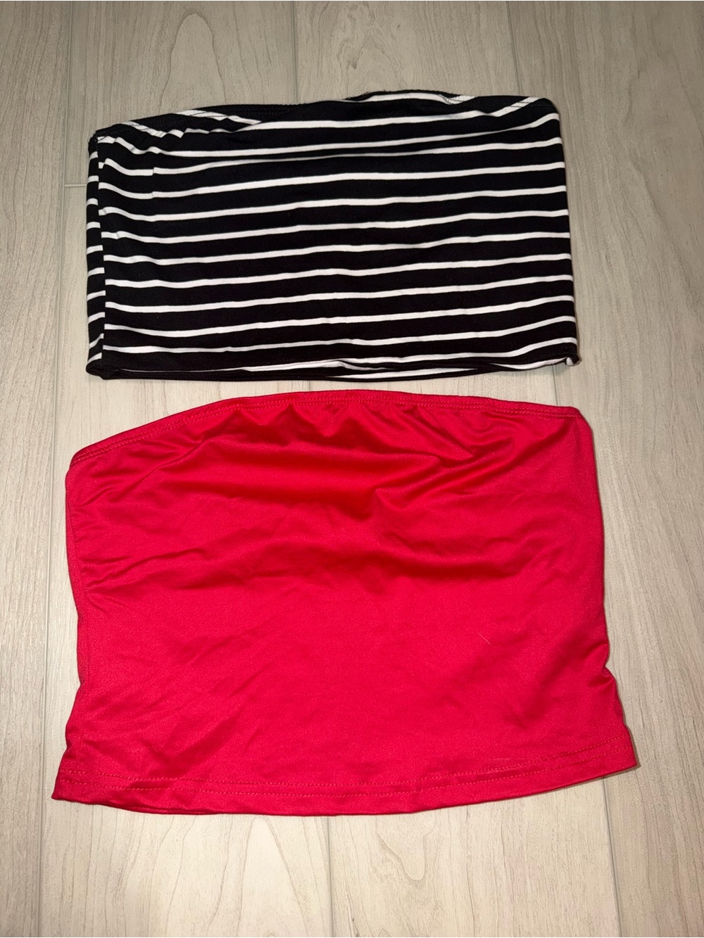 SHEIN and no comment Red Strapless Tube Top & Black-White Striped Tube Top Duo
